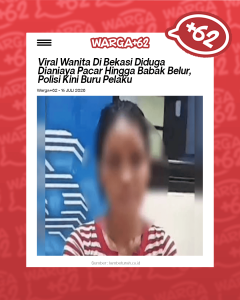 Screenshot of a Warga+62 news article about a viral woman in Bekasi; foreground shows a blurred woman in a red-and-white striped shirt.