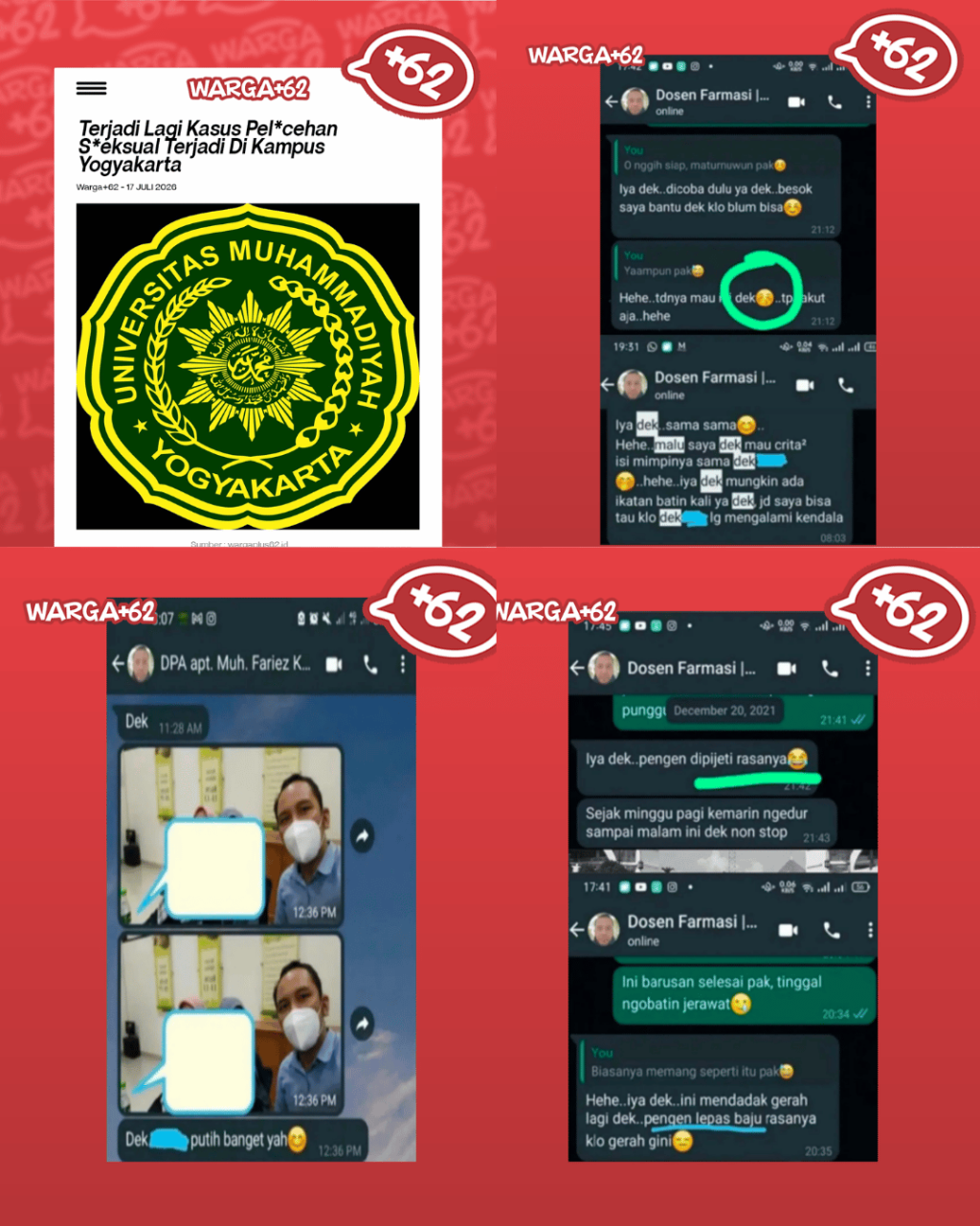 Collage of Warga+62 posts about a sexual incident on a Yogyakarta campus, including a university logo and WhatsApp chat screenshots.