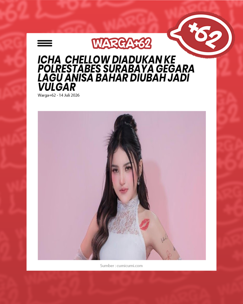 Warga+62 article page with a bold headline and a portrait of a woman in a white lace dress against a pink background; caption shows 'Sumber : cumicumi.com'.