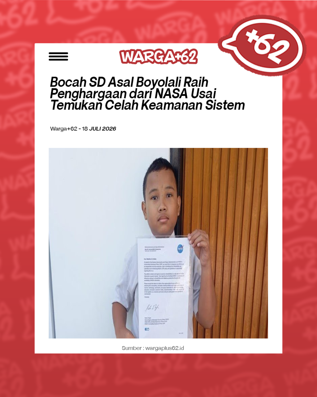 News article mockup showing a boy in a white shirt holding a NASA document beside a wooden wall.