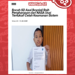 News article mockup showing a boy in a white shirt holding a NASA document beside a wooden wall.