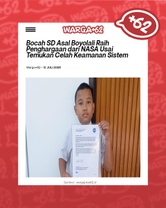 News article mockup showing a boy in a white shirt holding a NASA document beside a wooden wall.